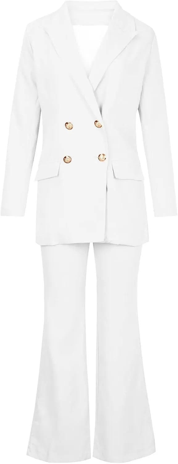 Womens 2024 Fall 2 Piece Business Blazer Set Casual Double Breasted Long Suits Jackets and Dressy Wide Leg Flare Pant