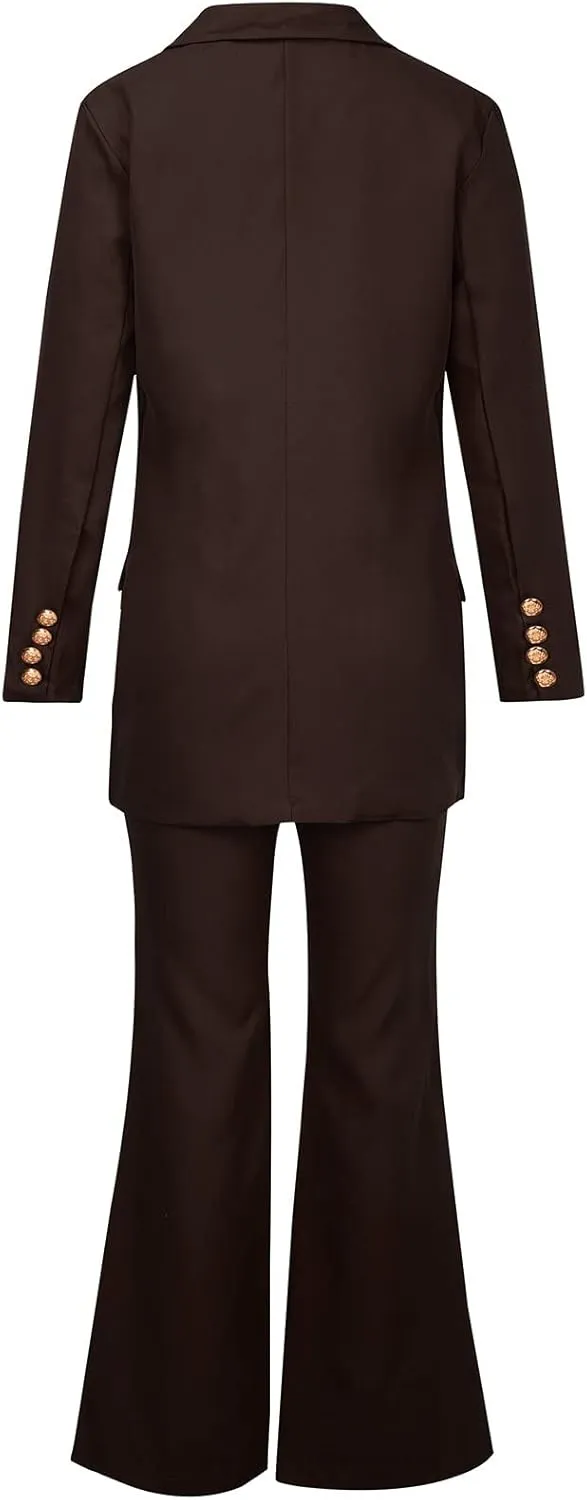 Womens 2024 Fall 2 Piece Business Blazer Set Casual Double Breasted Long Suits Jackets and Dressy Wide Leg Flare Pant
