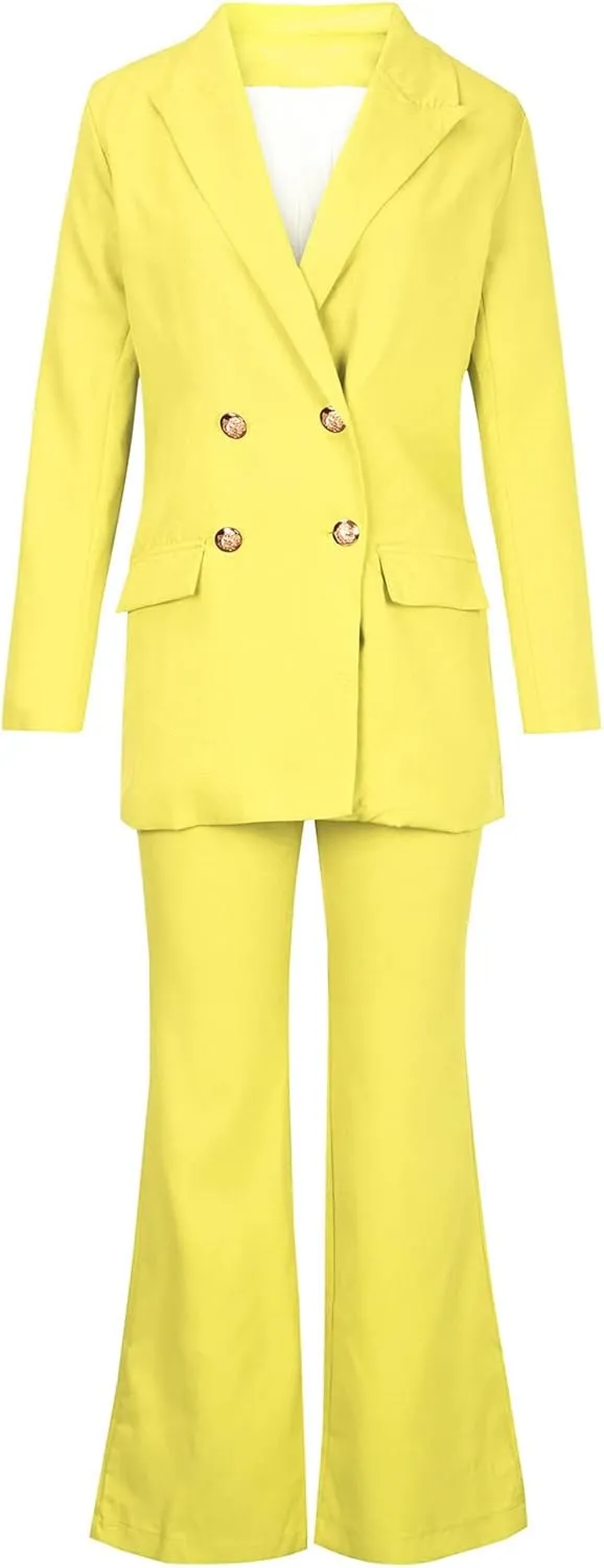 Womens 2024 Fall 2 Piece Business Blazer Set Casual Double Breasted Long Suits Jackets and Dressy Wide Leg Flare Pant