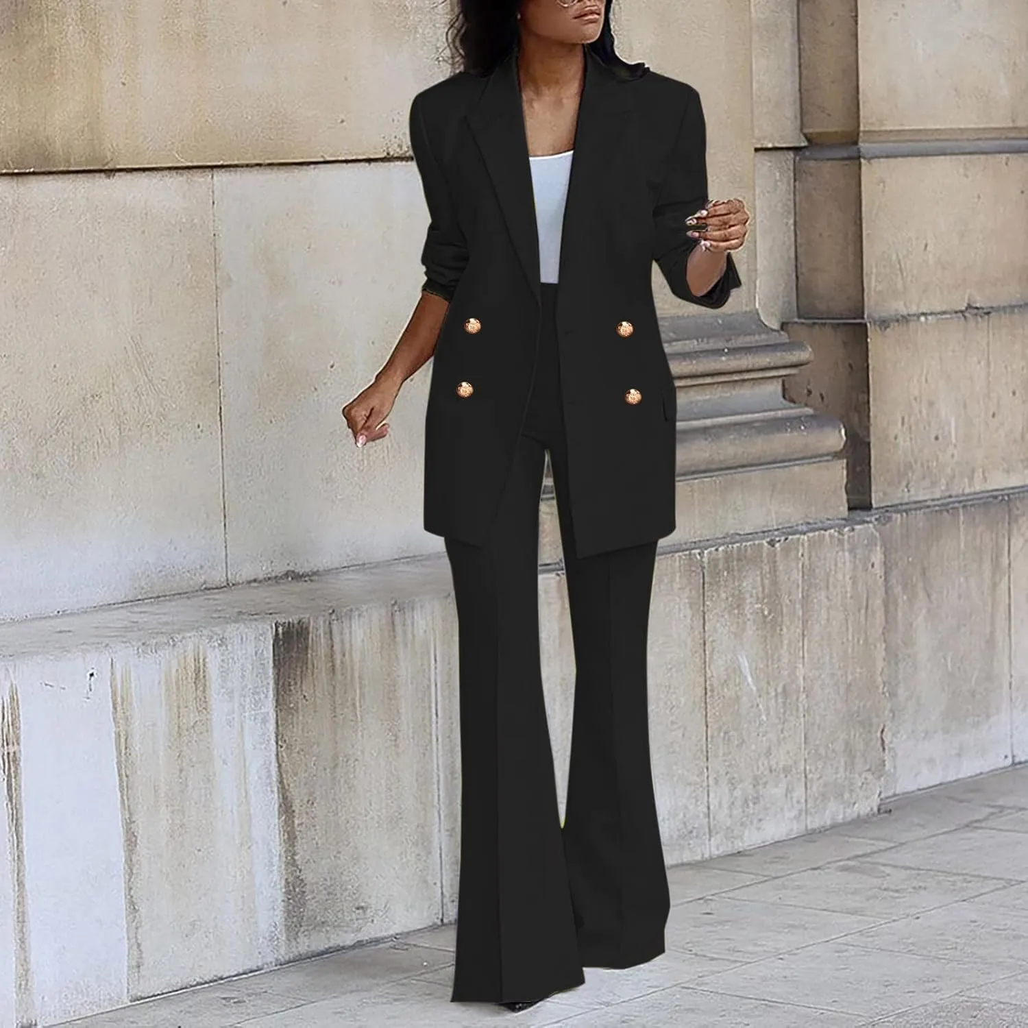 Womens 2024 Fall 2 Piece Business Blazer Set Casual Double Breasted Long Suits Jackets and Dressy Wide Leg Flare Pant