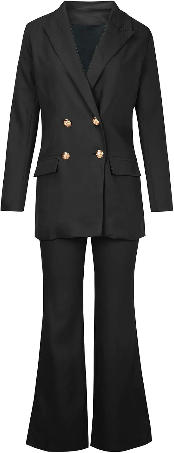 Womens 2024 Fall 2 Piece Business Blazer Set Casual Double Breasted Long Suits Jackets and Dressy Wide Leg Flare Pant
