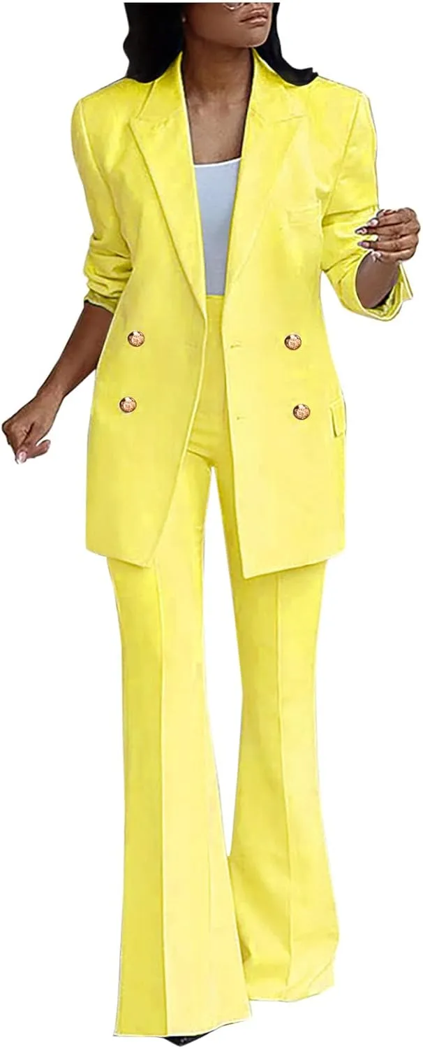 Womens 2024 Fall 2 Piece Business Blazer Set Casual Double Breasted Long Suits Jackets and Dressy Wide Leg Flare Pant