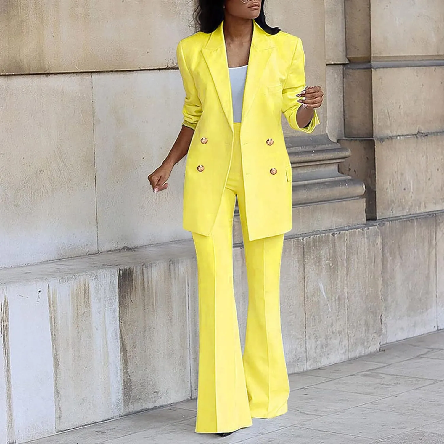 Womens 2024 Fall 2 Piece Business Blazer Set Casual Double Breasted Long Suits Jackets and Dressy Wide Leg Flare Pant