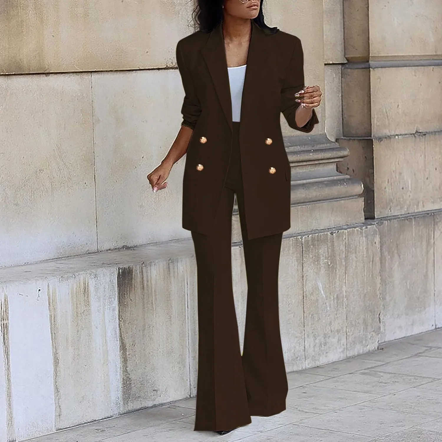 Womens 2024 Fall 2 Piece Business Blazer Set Casual Double Breasted Long Suits Jackets and Dressy Wide Leg Flare Pant