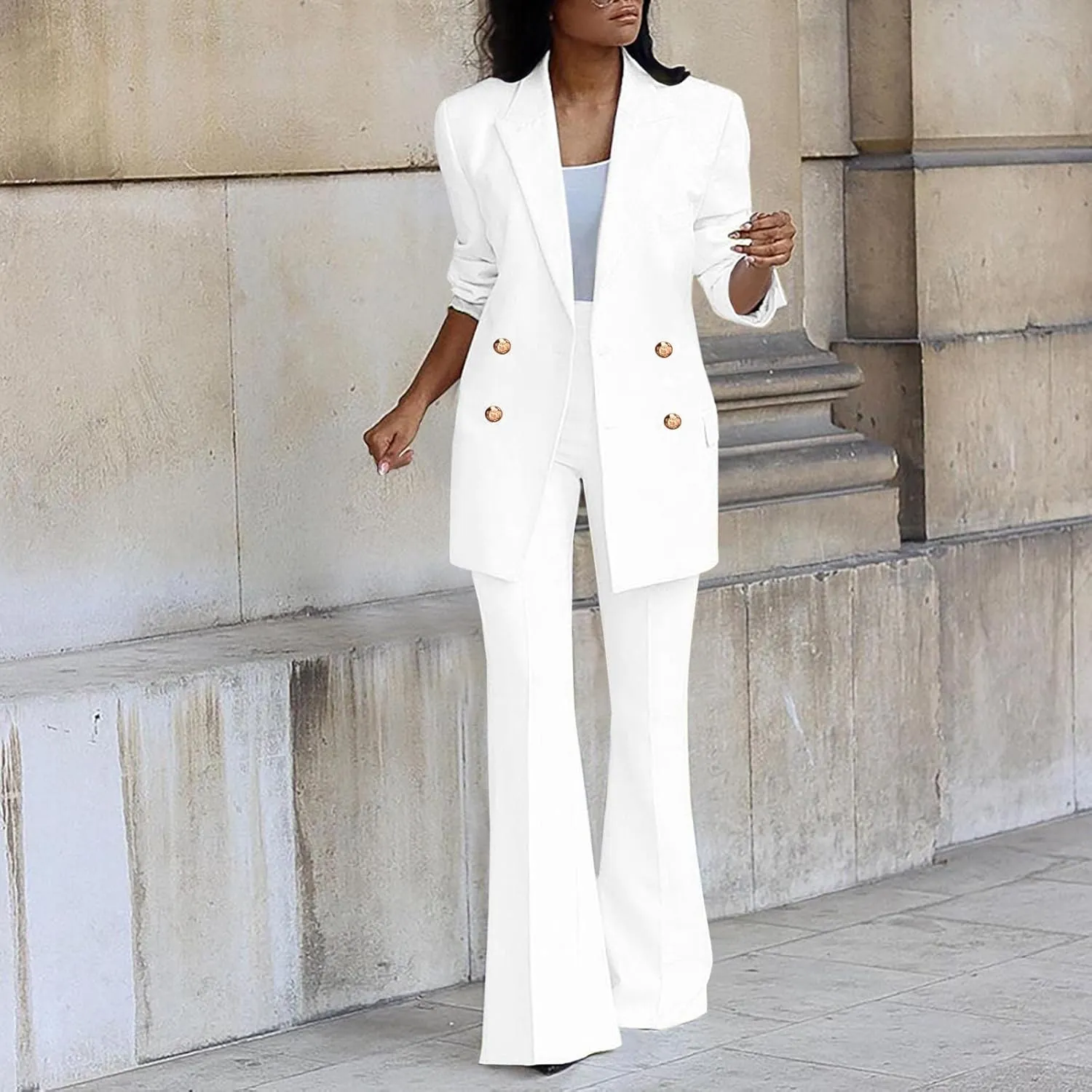 Womens 2024 Fall 2 Piece Business Blazer Set Casual Double Breasted Long Suits Jackets and Dressy Wide Leg Flare Pant