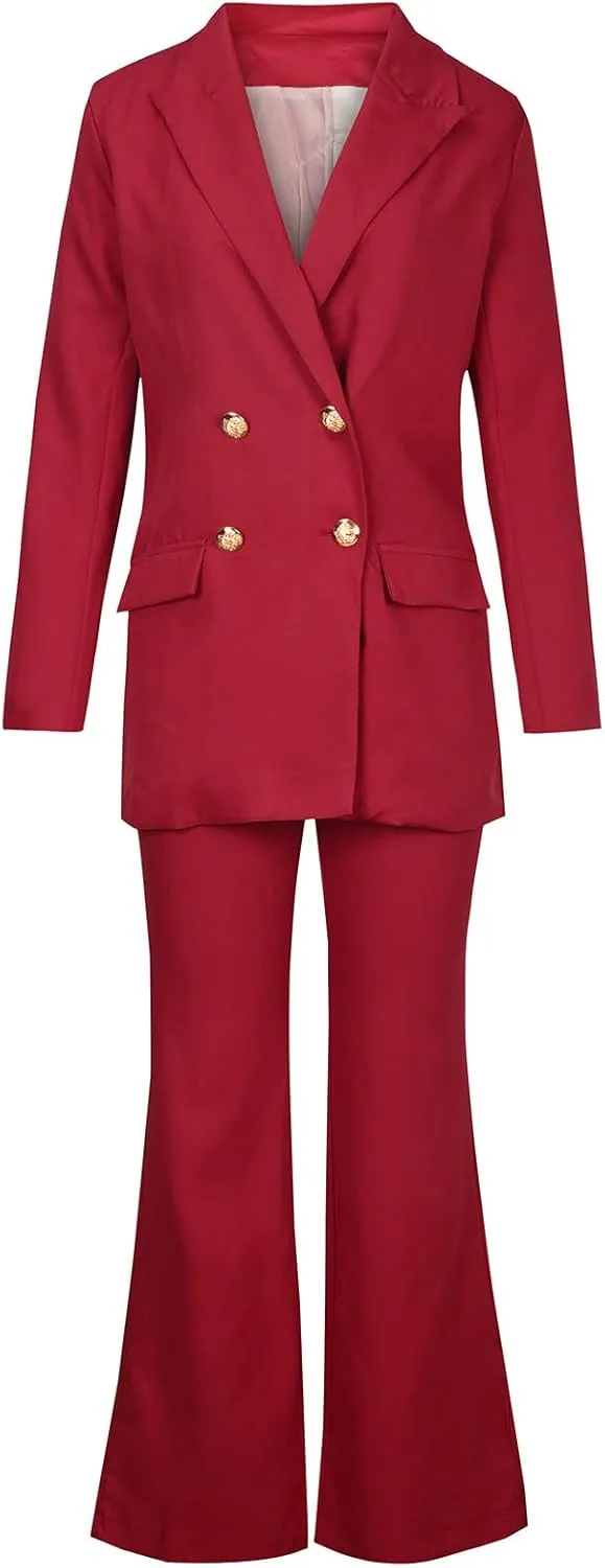 Womens 2024 Fall 2 Piece Business Blazer Set Casual Double Breasted Long Suits Jackets and Dressy Wide Leg Flare Pant