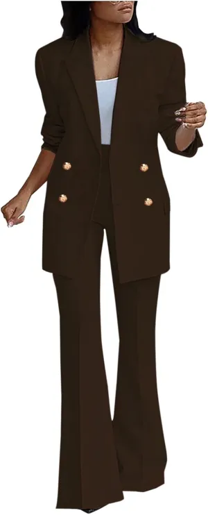 Womens 2024 Fall 2 Piece Business Blazer Set Casual Double Breasted Long Suits Jackets and Dressy Wide Leg Flare Pant