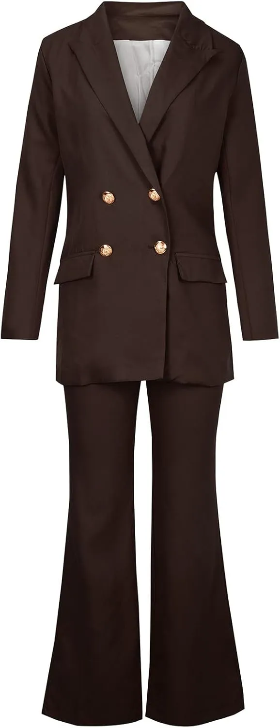 Womens 2024 Fall 2 Piece Business Blazer Set Casual Double Breasted Long Suits Jackets and Dressy Wide Leg Flare Pant