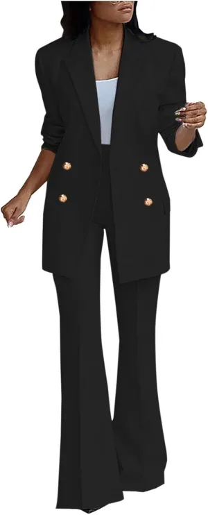 Womens 2024 Fall 2 Piece Business Blazer Set Casual Double Breasted Long Suits Jackets and Dressy Wide Leg Flare Pant