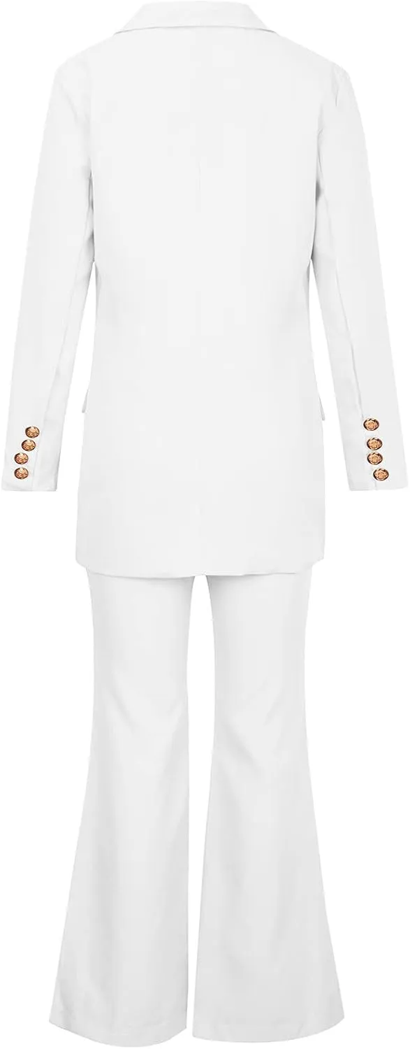 Womens 2024 Fall 2 Piece Business Blazer Set Casual Double Breasted Long Suits Jackets and Dressy Wide Leg Flare Pant