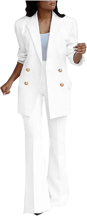 Womens 2024 Fall 2 Piece Business Blazer Set Casual Double Breasted Long Suits Jackets and Dressy Wide Leg Flare Pant