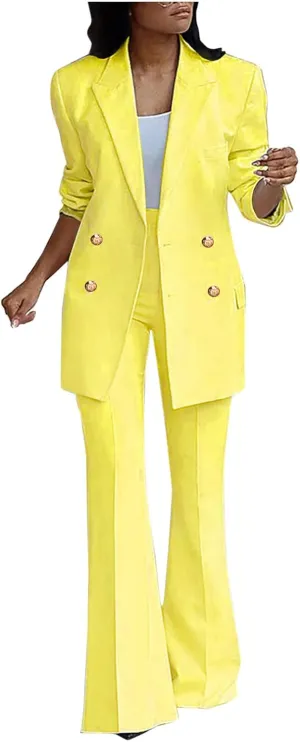 Womens 2024 Fall 2 Piece Business Blazer Set Casual Double Breasted Long Suits Jackets and Dressy Wide Leg Flare Pant
