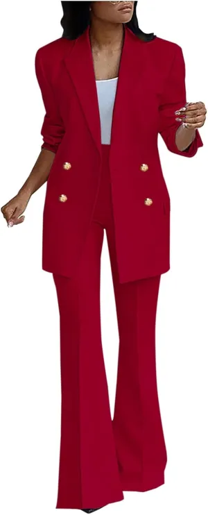Womens 2024 Fall 2 Piece Business Blazer Set Casual Double Breasted Long Suits Jackets and Dressy Wide Leg Flare Pant