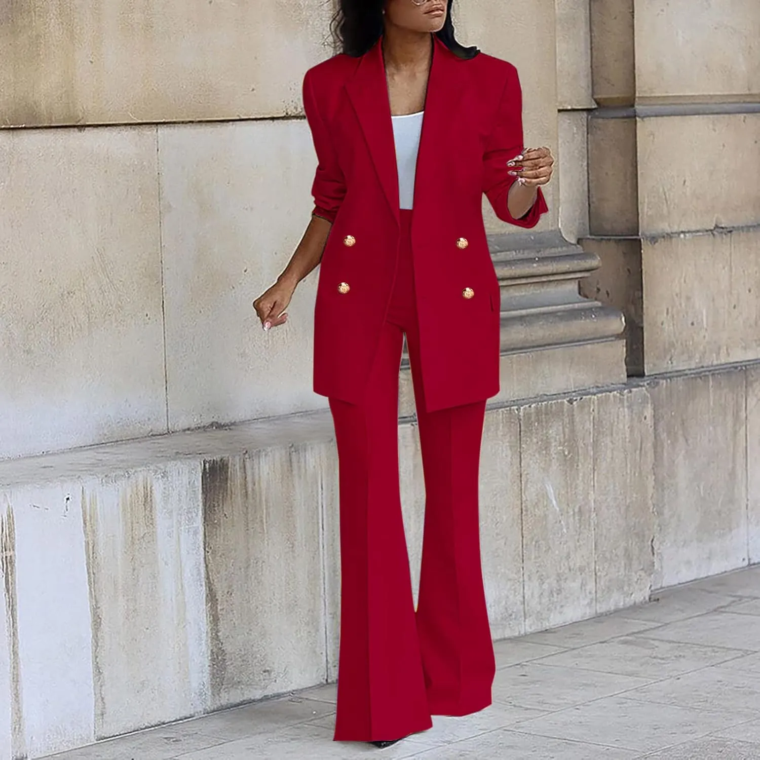 Womens 2024 Fall 2 Piece Business Blazer Set Casual Double Breasted Long Suits Jackets and Dressy Wide Leg Flare Pant