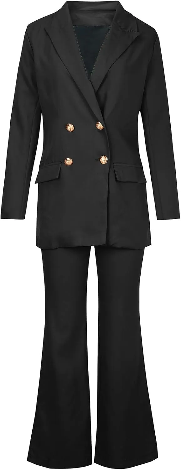 Womens 2024 Fall 2 Piece Business Blazer Set Casual Double Breasted Long Suits Jackets and Dressy Wide Leg Flare Pant