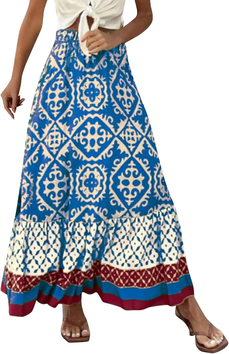 Women's 2025 Boho Long Skirts Elastic High Waist A Line Maxi Skirts Summer Casual Printed Pleated Flowy Skirt