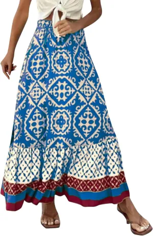 Women's 2025 Boho Long Skirts Elastic High Waist A Line Maxi Skirts Summer Casual Printed Pleated Flowy Skirt