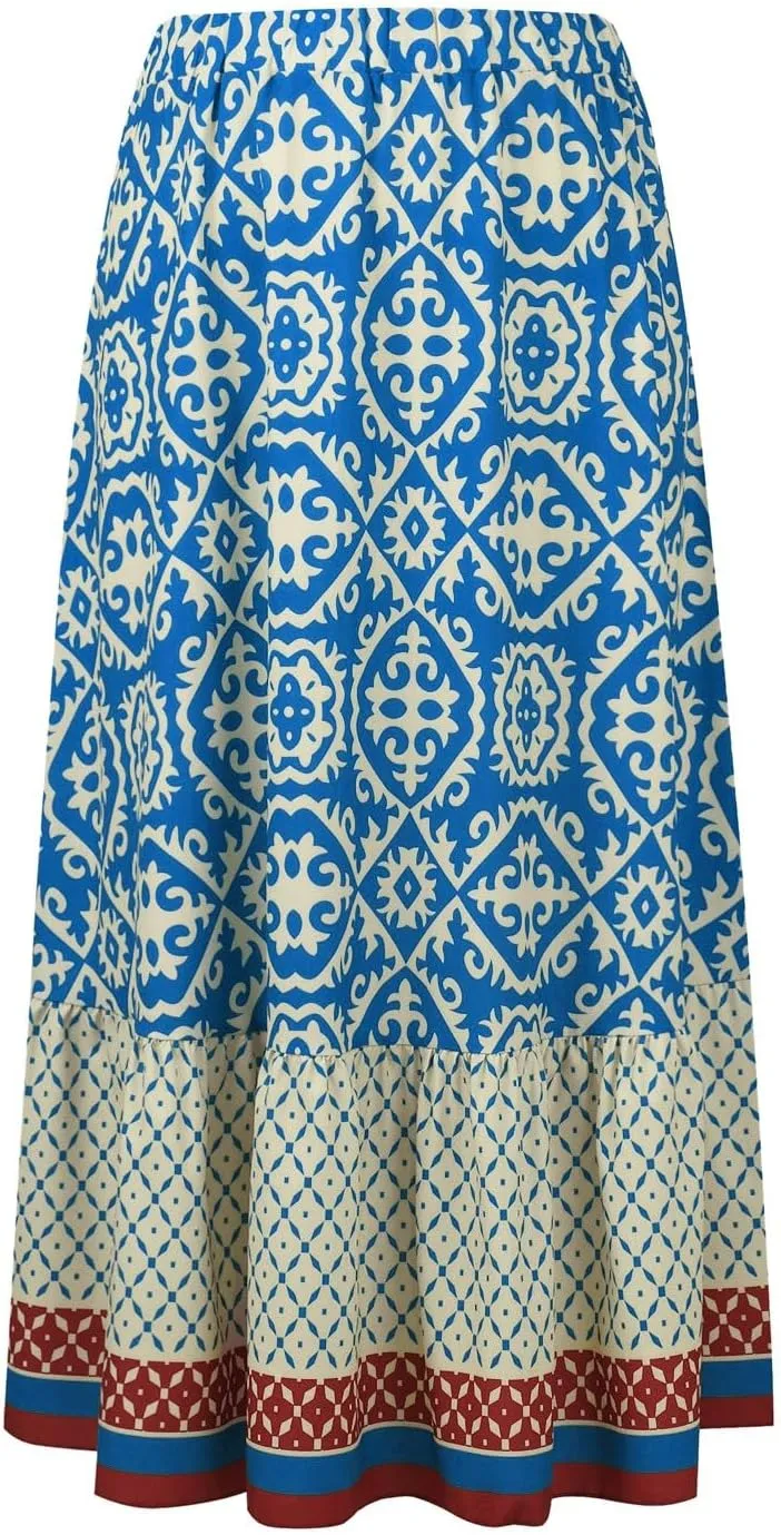 Women's 2025 Boho Long Skirts Elastic High Waist A Line Maxi Skirts Summer Casual Printed Pleated Flowy Skirt