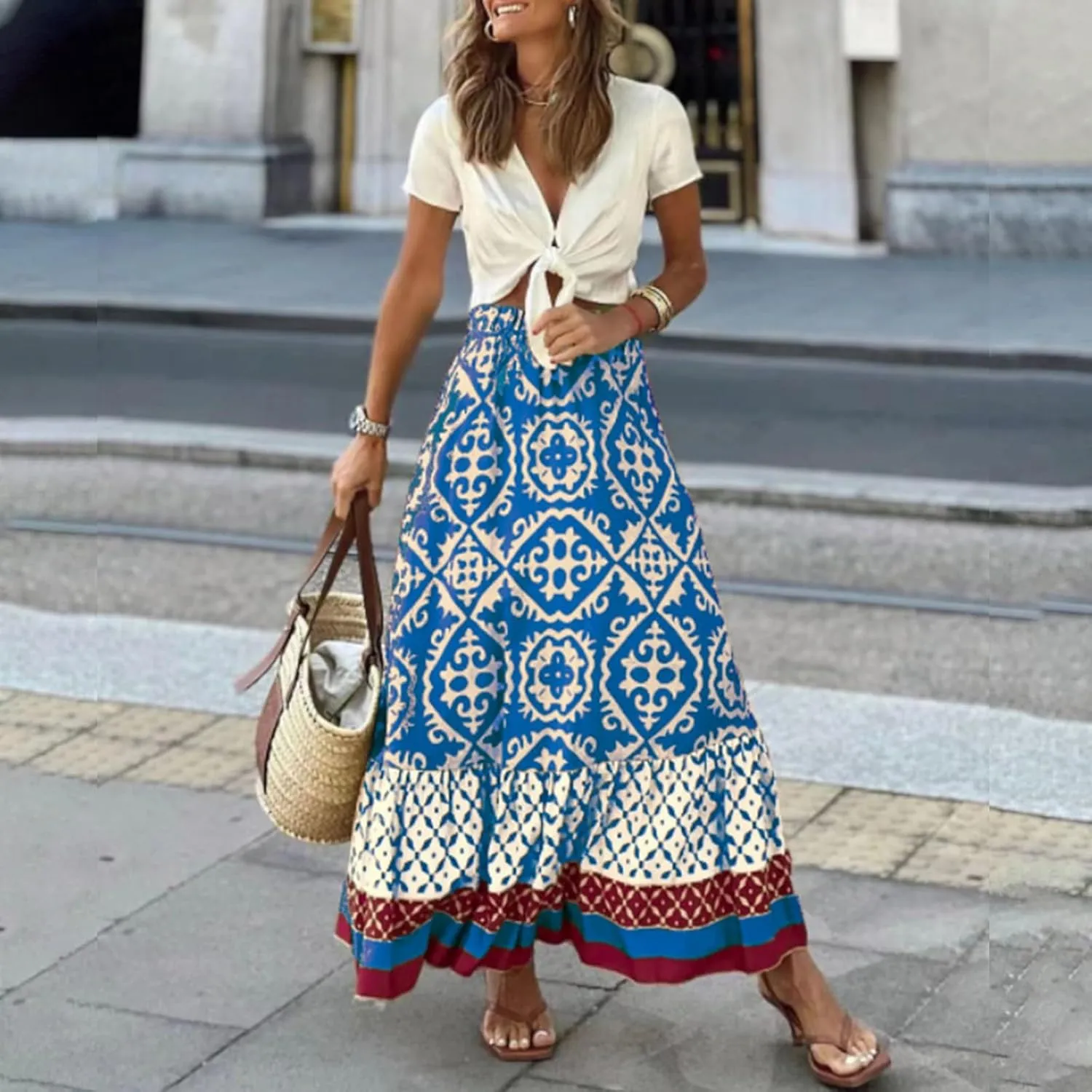 Women's 2025 Boho Long Skirts Elastic High Waist A Line Maxi Skirts Summer Casual Printed Pleated Flowy Skirt