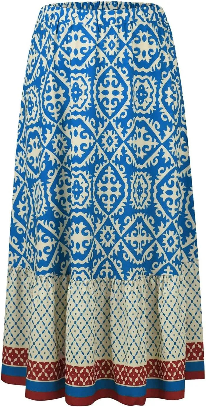 Women's 2025 Boho Long Skirts Elastic High Waist A Line Maxi Skirts Summer Casual Printed Pleated Flowy Skirt