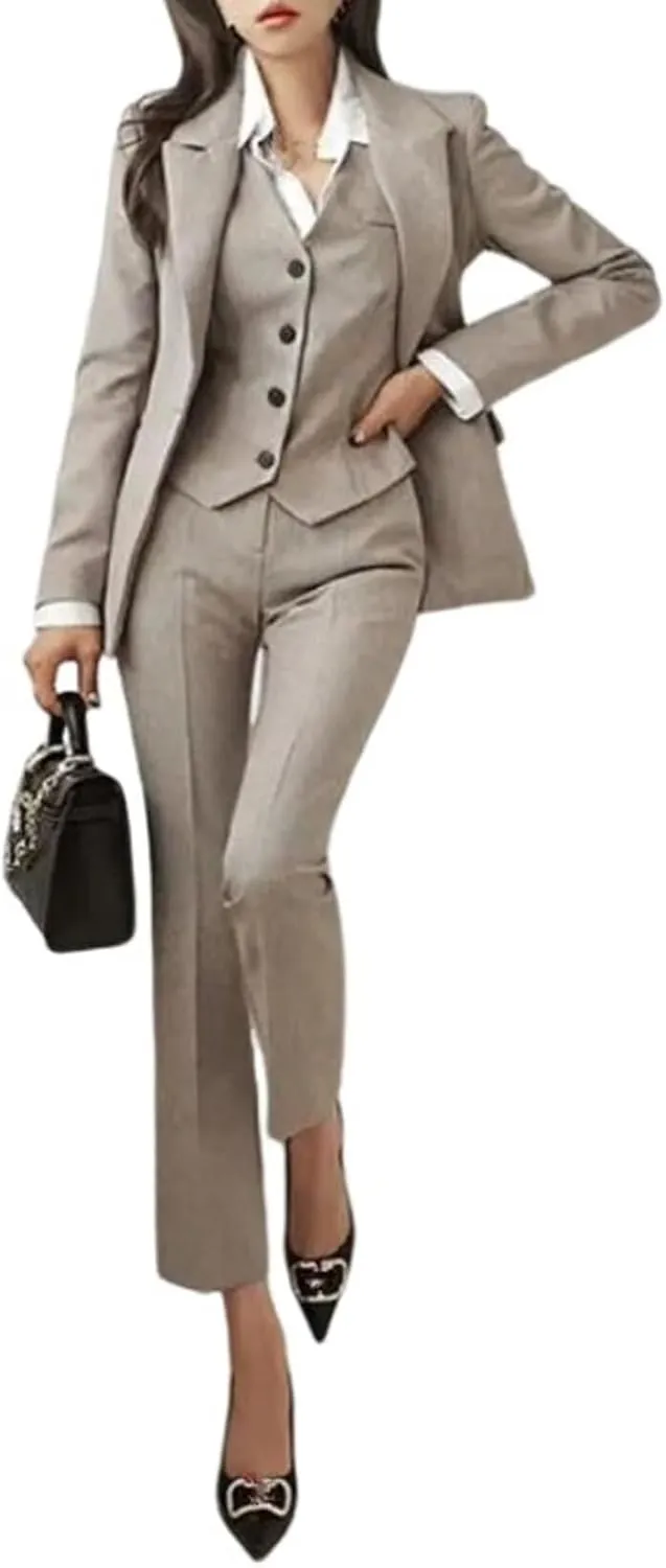 Women's 3 Piece Outfits Long Sleeve Blazer Solid Business Suit Sets Jacket Vest Pant