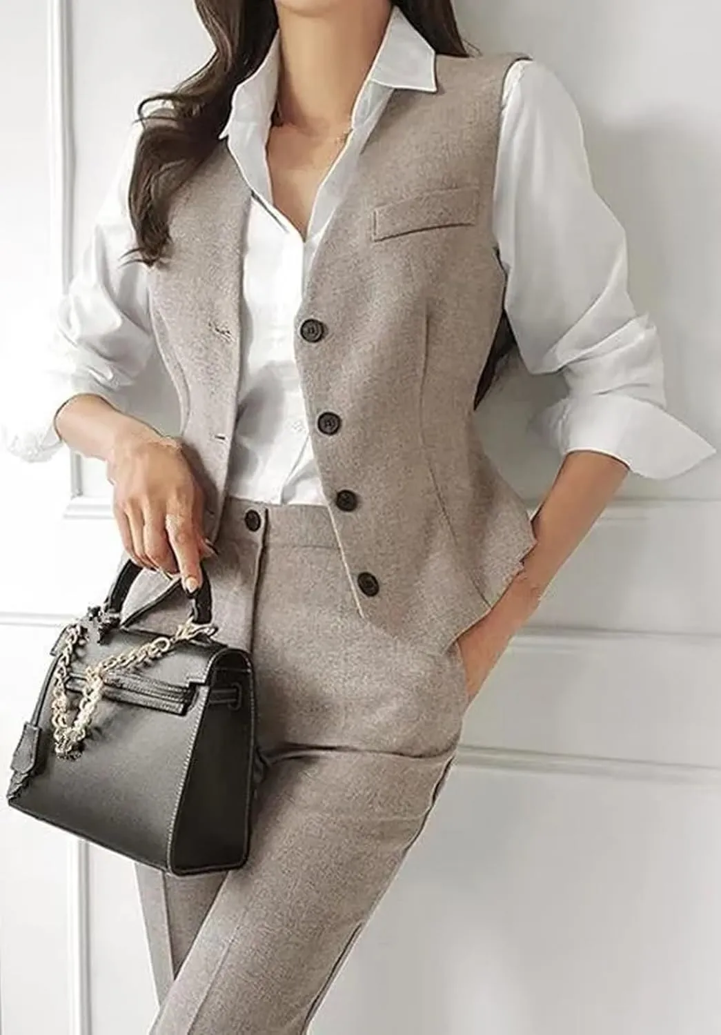 Women's 3 Piece Outfits Long Sleeve Blazer Solid Business Suit Sets Jacket Vest Pant