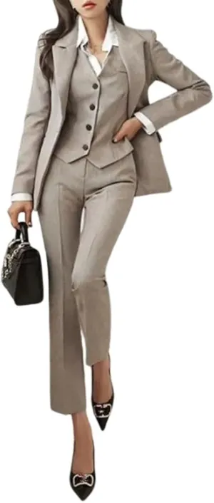 Women's 3 Piece Outfits Long Sleeve Blazer Solid Business Suit Sets Jacket Vest Pant