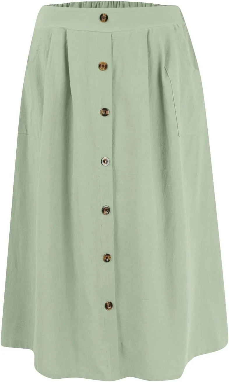 Womens A Line Midi Skirt Vintage Front Button Swing Skirt Summer Casual High Waisted Pleated Midi Skirt with Pockets