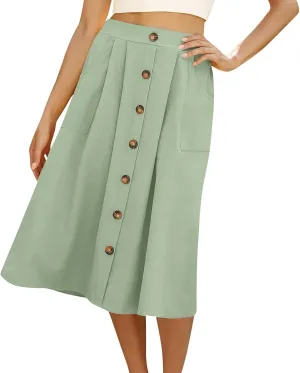 Womens A Line Midi Skirt Vintage Front Button Swing Skirt Summer Casual High Waisted Pleated Midi Skirt with Pockets