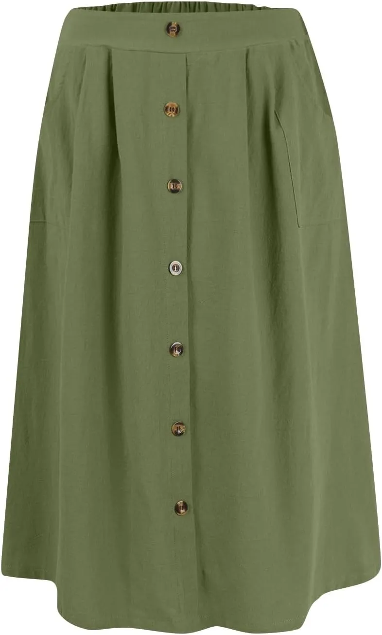 Womens A Line Midi Skirt Vintage Front Button Swing Skirts Summer High Waisted Pleated Midi Skirt with Pockets