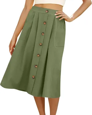 Womens A Line Midi Skirt Vintage Front Button Swing Skirts Summer High Waisted Pleated Midi Skirt with Pockets