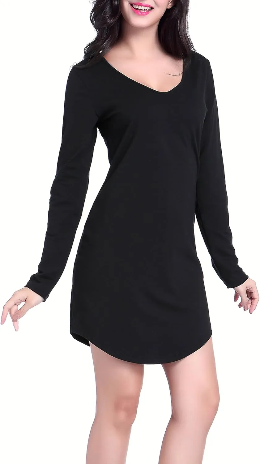 Women's Black Long Sleeve Tee Shirt V Neck Cotton Sleepwear Nightgowns