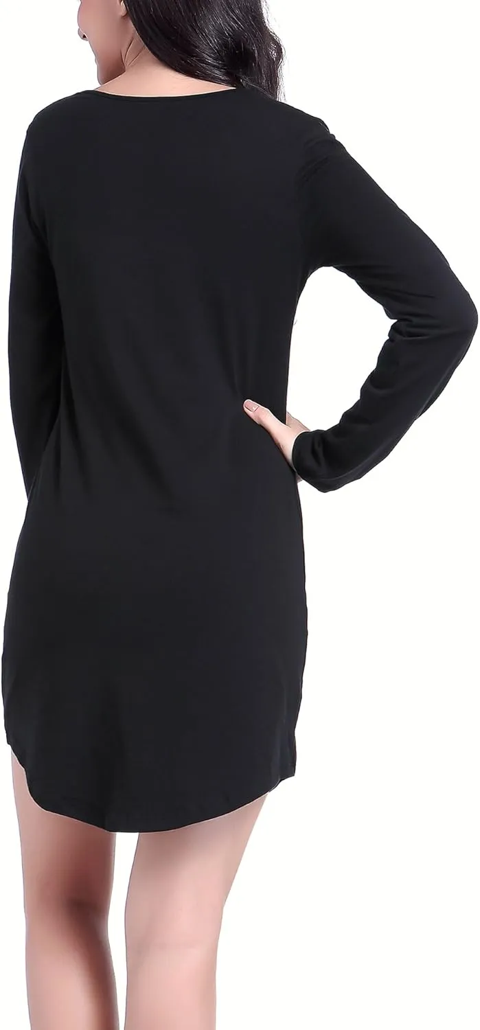 Women's Black Long Sleeve Tee Shirt V Neck Cotton Sleepwear Nightgowns