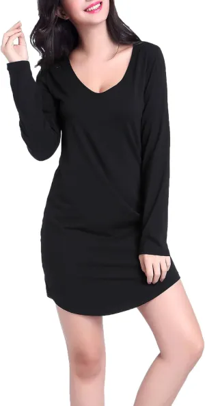 Women's Black Long Sleeve Tee Shirt V Neck Cotton Sleepwear Nightgowns