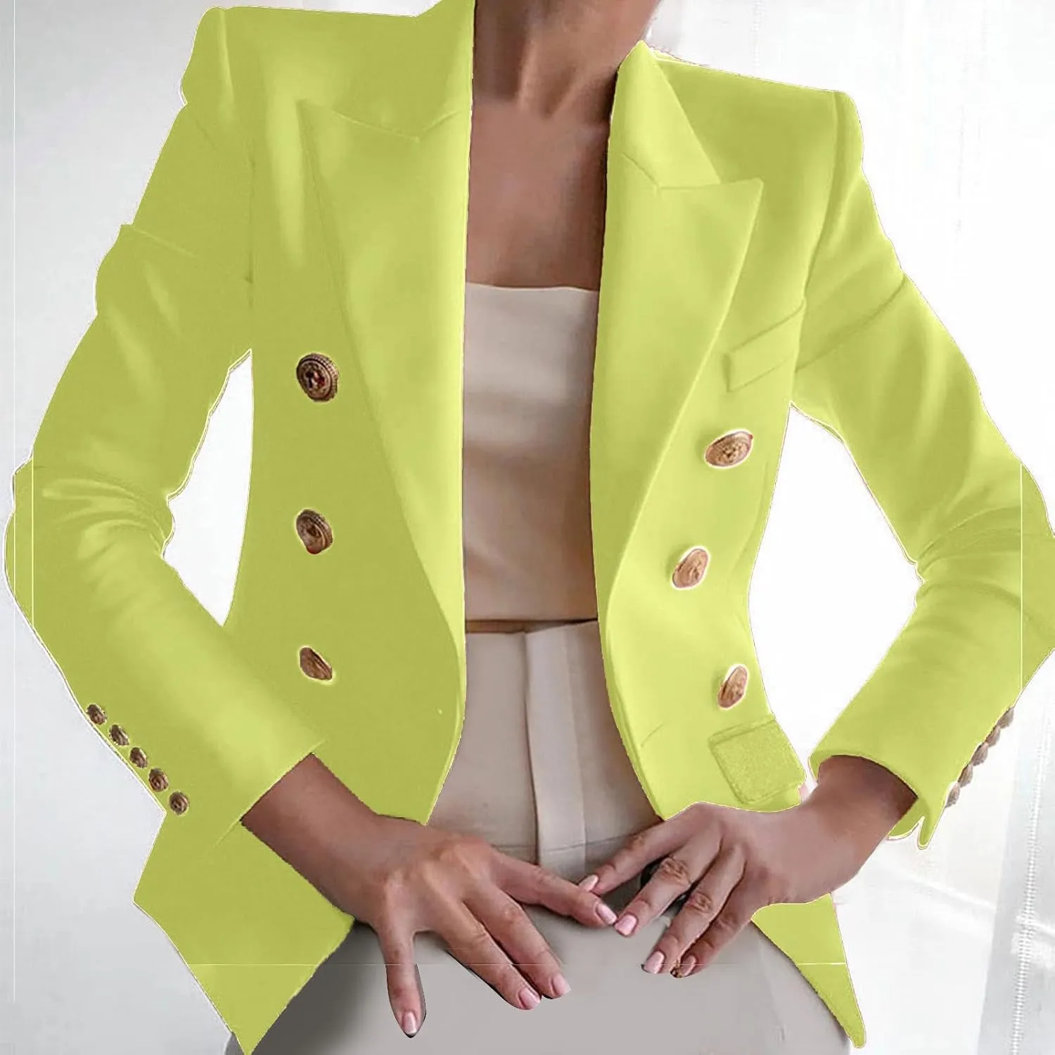 Women's Blazer Gold Casual Button Long Sleeve Work 0ffice Blazer Lightweight Open Front Lapel Jackets Trendy Clothes