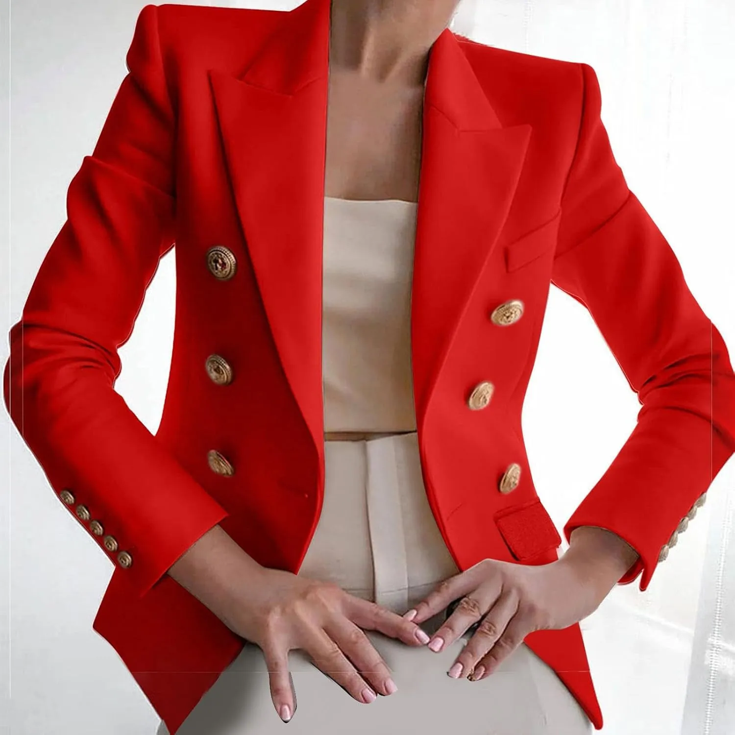 Women's Blazer Gold Casual Button Long Sleeve Work 0ffice Blazer Lightweight Open Front Lapel Jackets Trendy Clothes