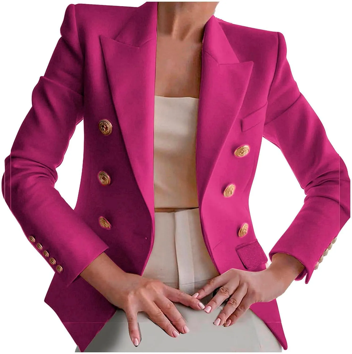 Women's Blazer Gold Casual Button Long Sleeve Work 0ffice Blazer Lightweight Open Front Lapel Jackets Trendy Clothes