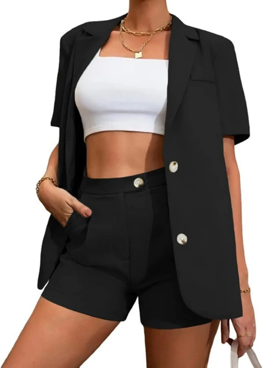 Women's Blazer Shorts Set 2 Piece Outfits Open Front Short Sleeve Blazer Jacket with Shorts Business Office Plain Suits