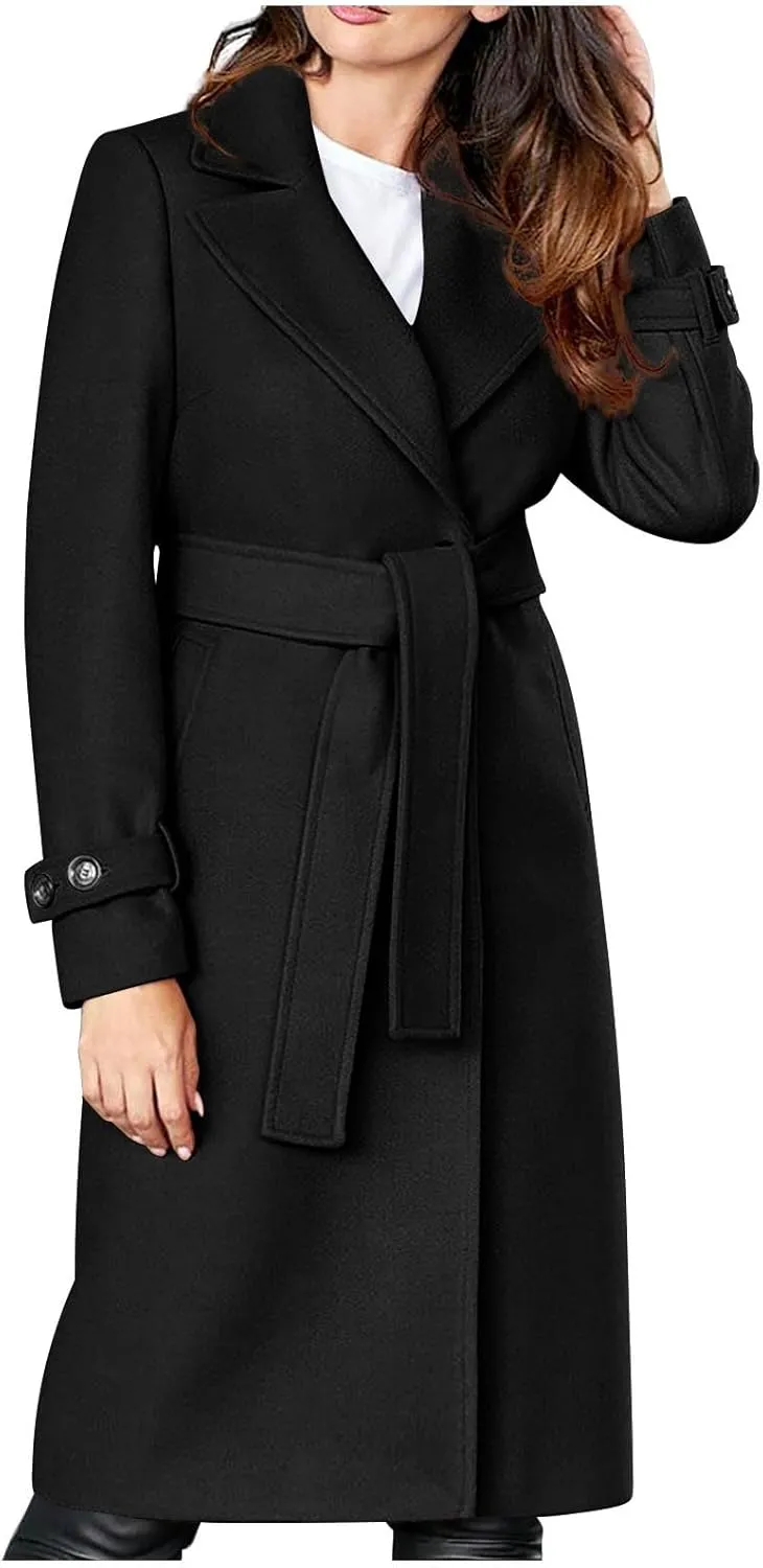 Womens Blazers Lapel Collar Trench Coat Winter Woolen Clothes Coat Trench Jacket Long Overcoat Outwear