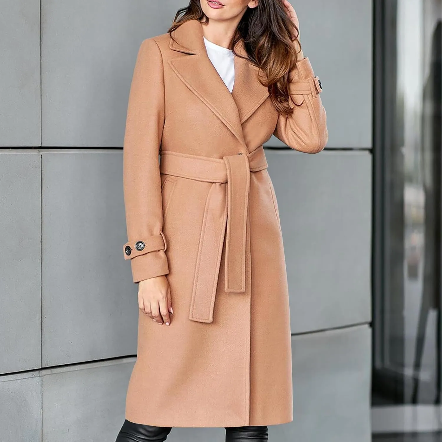 Womens Blazers Lapel Collar Trench Coat Winter Woolen Clothes Coat Trench Jacket Long Overcoat Outwear