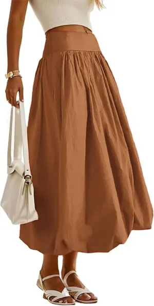 Women's Bubble Long Skirt Elastic Waist A-Line Pleated Ruffle Flowy Balloon Maxi Skirts with Pockets