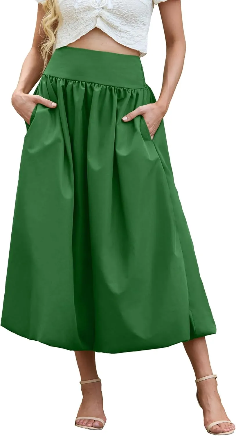Women's Bubble Long Skirt Elastic Waist A-Line Pleated Ruffle Flowy Balloon Maxi Skirts with Pockets