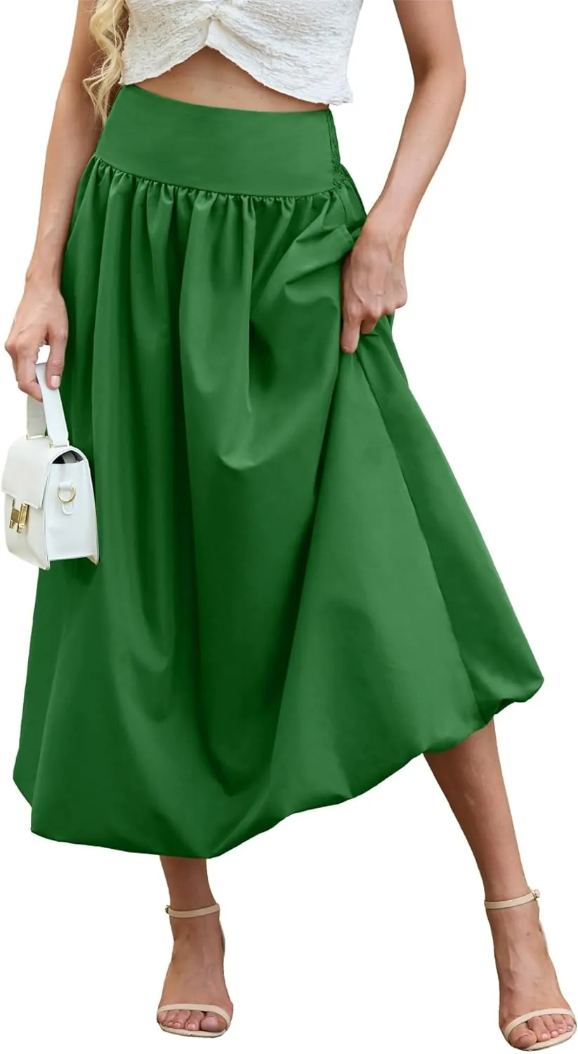 Women's Bubble Long Skirt Elastic Waist A-Line Pleated Ruffle Flowy Balloon Maxi Skirts with Pockets