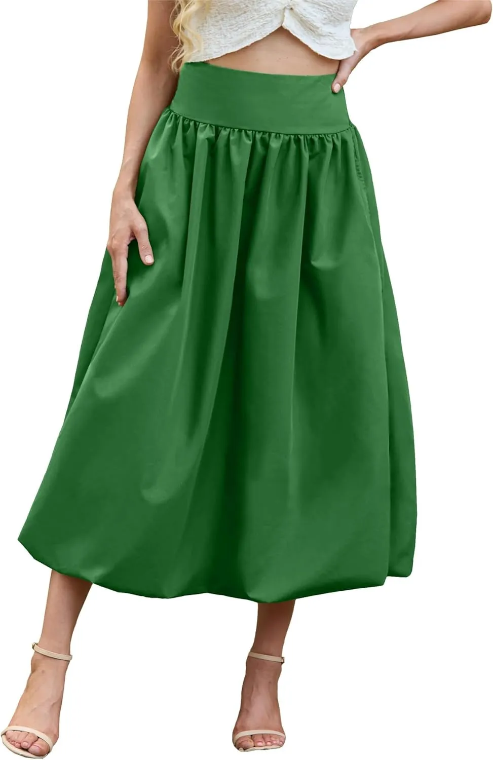 Women's Bubble Long Skirt Elastic Waist A-Line Pleated Ruffle Flowy Balloon Maxi Skirts with Pockets