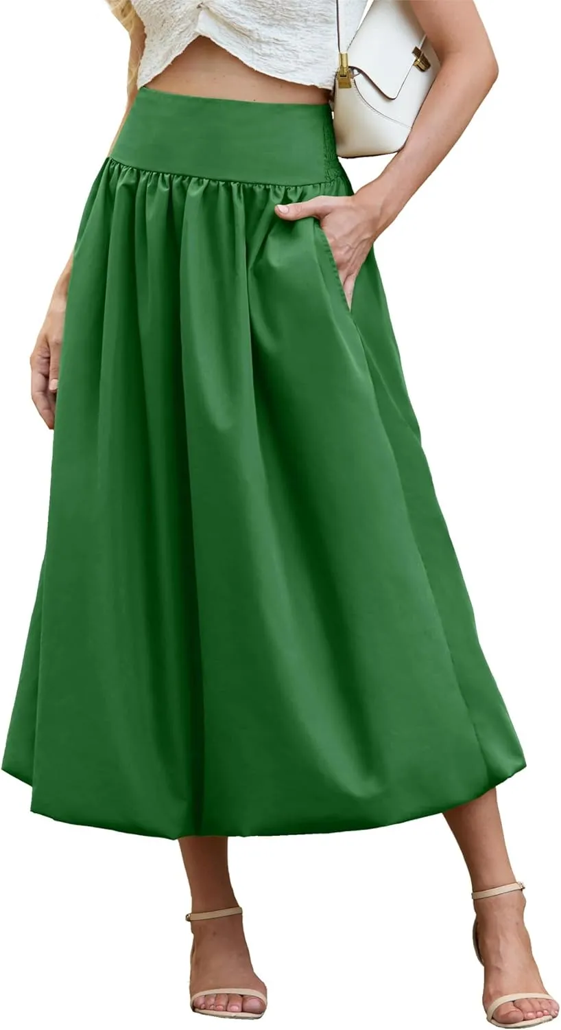Women's Bubble Long Skirt Elastic Waist A-Line Pleated Ruffle Flowy Balloon Maxi Skirts with Pockets