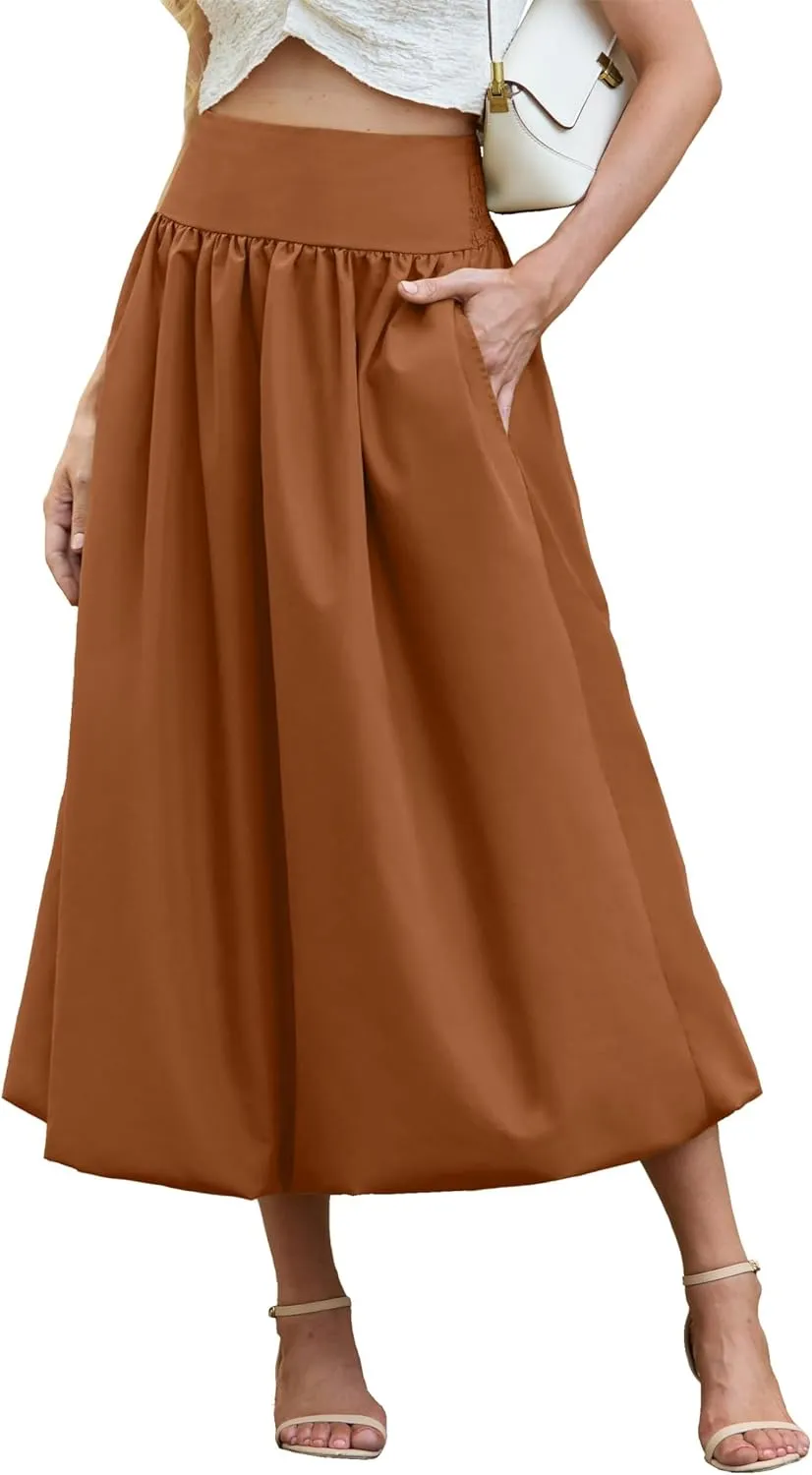 Women's Bubble Long Skirt Elastic Waist A-Line Pleated Ruffle Flowy Balloon Maxi Skirts with Pockets