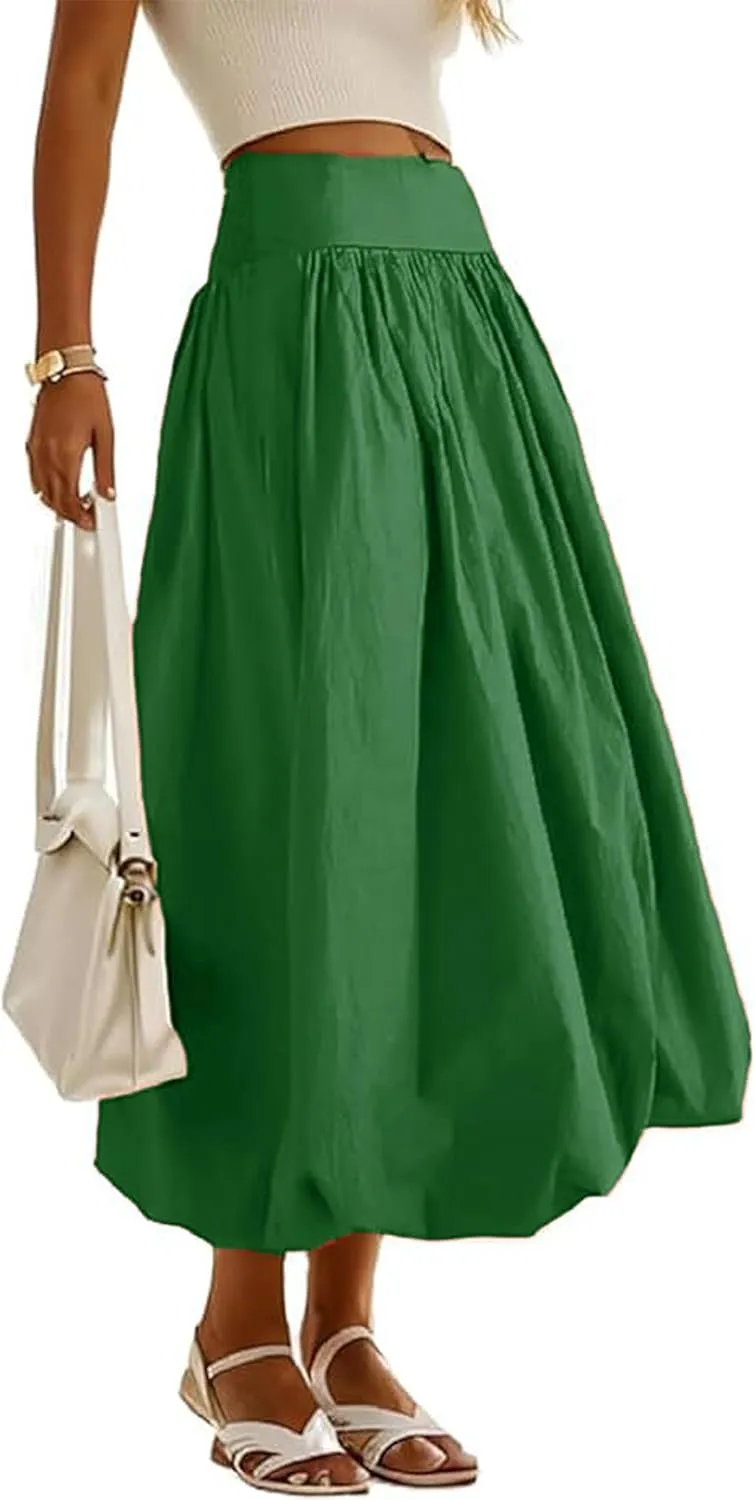 Women's Bubble Long Skirt Elastic Waist A-Line Pleated Ruffle Flowy Balloon Maxi Skirts with Pockets