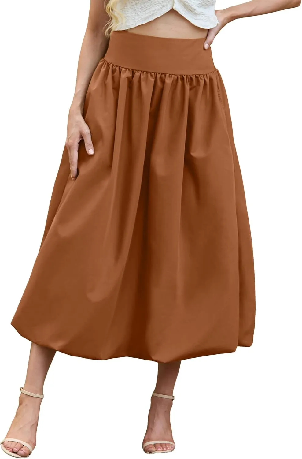 Women's Bubble Long Skirt Elastic Waist A-Line Pleated Ruffle Flowy Balloon Maxi Skirts with Pockets