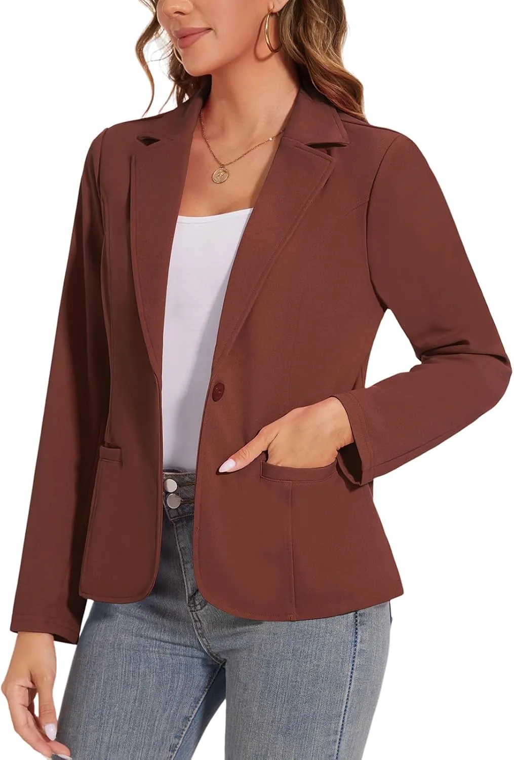Women's Button Front Blazer Jackets Long Sleeve Lapel Business Casual Office Work Lightweight Blazers with Pocket