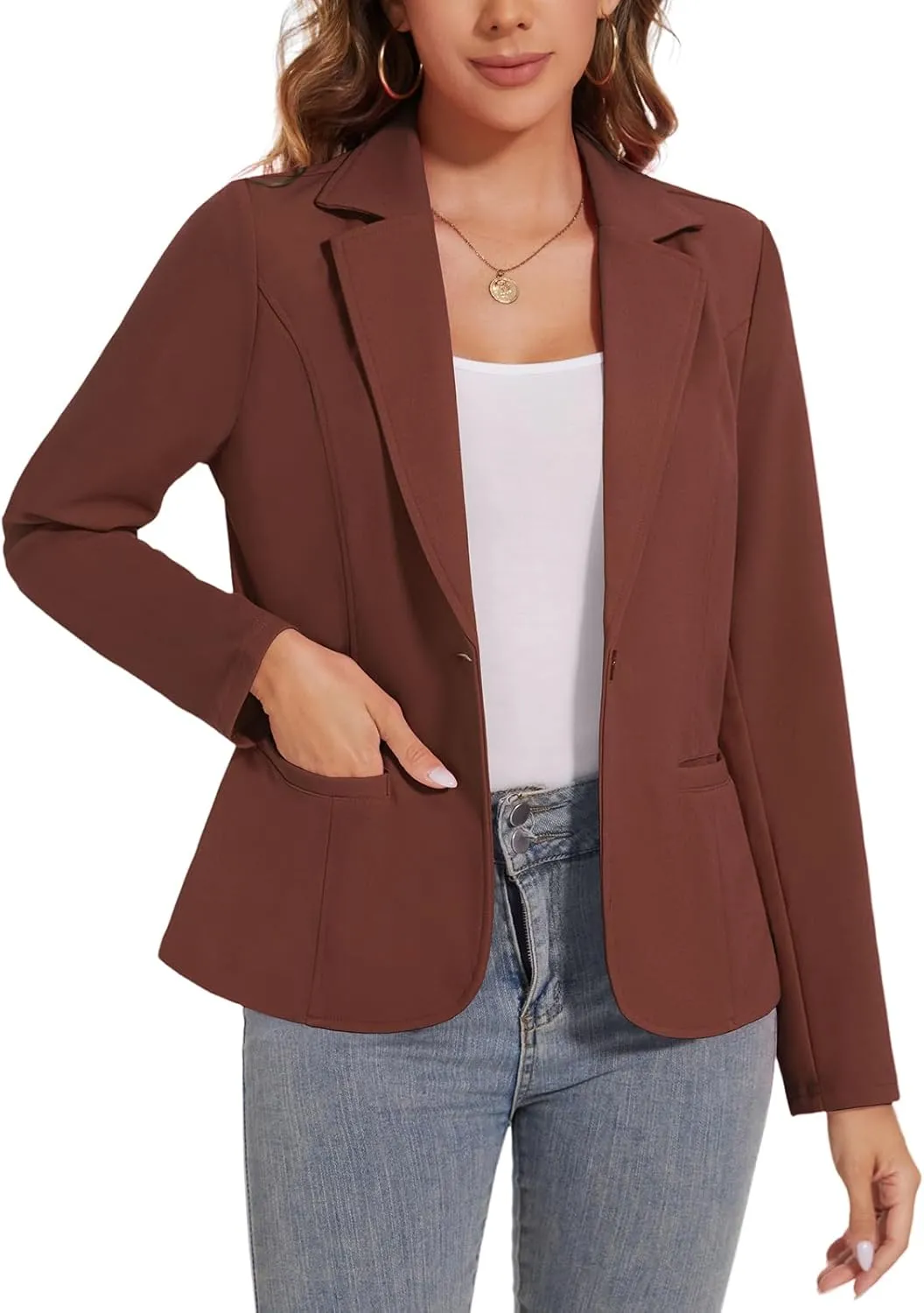 Women's Button Front Blazer Jackets Long Sleeve Lapel Business Casual Office Work Lightweight Blazers with Pocket